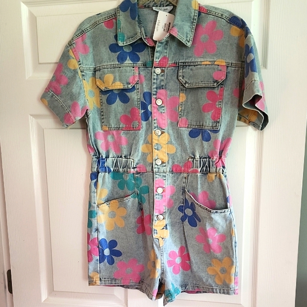 Peach Love California Denim Floral Romper in Pink, Yellow & Blue